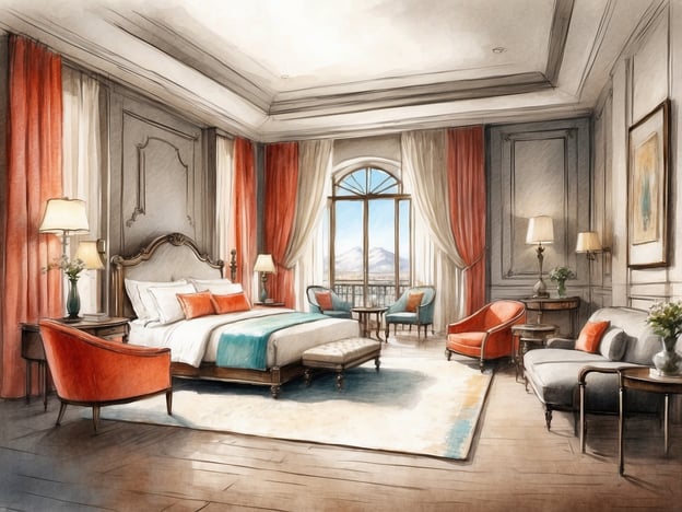 Auf dem Bild ist ein elegantes Hotelzimmer zu sehen, das an die Zimmerausstattung der NH Hotels erinnert. Es gibt ein großes, einladendes Bett mit bequemen Kissen und einer schicken Bettdecke. Die Wände sind in sanften Tönen gehalten, und es gibt große Fenster, die viel natürliches Licht hereinlassen.
Die Zimmerausstattung umfasst stilvolle Sessel und eine Couch, die zum Entspannen einladen. Zudem sind diverse dekorative Elemente, wie Lampen und Blumenvasen, vorhanden, die dem Raum eine warme Atmosphäre verleihen. Durch die Fenster hat man einen schönen Ausblick, möglicherweise auf Berge oder eine landschaftliche Kulisse. Die Kombination aus modernen und klassischen Designelementen schafft eine angenehme und komfortable Umgebung.