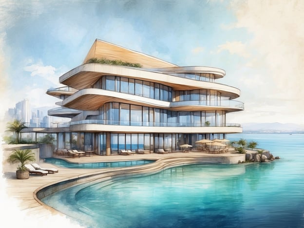 Auf dem Bild ist ein modernes, architektonisch ansprechendes Gebäude zu sehen, das an einem Wassergebiet liegt. Es besitzt große Fenster und Terrasse, die eine Aussicht auf das Wasser bieten, sowie einen Poolbereich, der zum Entspannen einlädt.Bezüglich der NH Hotels Atlantic in Den Haag, bietet es einen eleganten Rahmen mit modernen Annehmlichkeiten und Blick auf den Atlantik. Die Lage ist ideal für Geschäftsreisende und Urlauber, die die Küste und die nahegelegene Stadt erkunden möchten. Zu den Angeboten gehören komfortable Zimmer, ein Restaurant und Tagungsräume.