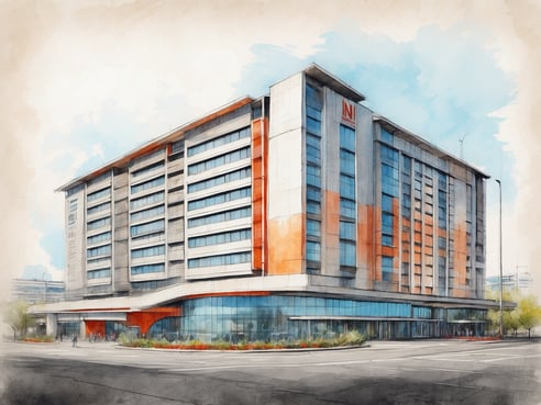 Das NH Hotels München Messe in Deutschland ist ein modernes Gebäude mit einer auffälligen Fassade, die aus einer Kombination von hellen und orangefarbenen Elementen besteht. Das Hotel hat mehrere Stockwerke und große Fenster, die für viel Tageslicht sorgen. Vor dem Gebäude befindet sich eine breite Zufahrt mit einem überdachten Eingang, umgeben von grünen Pflanzen und gepflegten Blumenbeeten. Der Himmel ist blau mit leichten Wolken, was dem Bild eine freundliche Atmosphäre verleiht.
