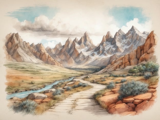 Auf dem Bild ist eine malerische Landschaft mit hohen, schneebedeckten Bergen, sanften Hügeln und einem klaren Fluss zu sehen. In dieser Umgebung könnten verschiedene Freizeitaktivitäten stattfinden, wie Wandern oder Radfahren auf den zu erkennenden Wegen.
In der Nähe könnten Sehenswürdigkeiten wie Nationalparks oder Naturreservate liegen, die reich an Flora und Fauna sind. Auch Möglichkeiten zum Angeln oder Picknicken am Flussufer wären denkbar. Die majestätischen Berge bieten zudem perfekten Platz für Fotografie und Naturbeobachtungen.