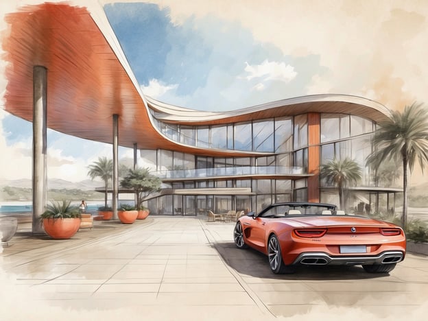 Auf dem Bild ist eine moderne, architektonisch ansprechende Gebäudeansicht zu sehen, die von großen Glasflächen und einem stilvollen, gebogenen Dach geprägt ist. Im Vordergrund steht ein schickes orangefarbenes Cabriolet, umgeben von tropischen Pflanzen und großen Pflanzkübeln.
Das NH Hotel Barcelona Diagonal Center bietet eine ähnliche moderne Ästhetik mit einem Schwerpunkt auf Komfort und Stil. Es befindet sich in einer günstigen Lage in Barcelona und bietet attraktive Annehmlichkeiten, darunter geräumige Zimmer, Tagungsräume und ein Restaurant. Die Architektur des Hotels zeichnet sich durch zeitgenössisches Design aus und lädt dazu ein, die Stadt zu erkunden.