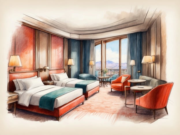 Auf dem Bild ist ein stilvolles Hotelzimmer zu sehen. Es verfügt über zwei Einzelbetten mit weißen Bettwäsche und einem farbigen Überwurf. An den Wänden sind Lampen montiert, die für eine gemütliche Beleuchtung sorgen.
Im Raum befinden sich auch zwei bequeme Sessel in einem leuchtenden Orange sowie ein runder Tisch. Zudem gibt es eine Couch, die eine entspannte Sitzgelegenheit bietet. Große Fenster erlauben einen Blick nach draußen auf die Berge, und die Wände sind in sanften Farben gehalten, was dem Zimmer eine elegante Atmosphäre verleiht.