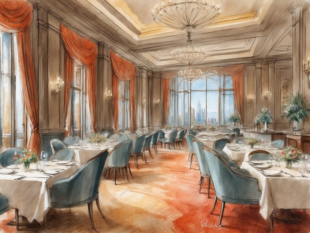 Auf dem Bild ist ein eleganter Speisesaal in einem Hotel zu sehen. Der Raum ist lichtdurchflutet, mit großen Fenstern, durch die man auf eine Stadtlandschaft blicken kann. Die Tische sind schön gedeckt, mit weißen Tischdecken und dekorativen Blumenarrangements, was eine einladende Atmosphäre schafft.
Diese Gastronomieerlebnisse im Hotel könnten ein gehobenes Dinner, ein luxuriöses Frühstück oder eine stilvolle Afternoon Tea-Session umfassen. Die harmonische Kombination aus exquisitem Essen, freundlichem Service und einer ansprechenden Umgebung bietet den Gästen eine unvergessliche kulinarische Erfahrung.