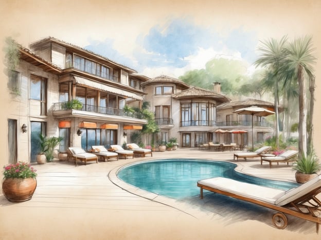 Auf dem Bild ist ein luxuriöses Hotel oder Resort zu sehen, das von einer einladenden Poollandschaft umgeben ist. Die Architektur ist elegant und modern, mit großen Fenstern, die viel natürliches Licht hereinlassen.
Die Ausstattung umfasst:
- Eine großzügige Poollandschaft, die ideal zum Entspannen ist.
- Liegen und Sonnenschirme, die den Gästen einen komfortablen Platz im Freien bieten.
- Gepflegte Grünanlagen mit Palmen und blühenden Pflanzen, die eine tropische Atmosphäre schaffen.
Es scheint ein perfekter Ort für Erholung und Freizeitaktivitäten zu sein, ideal für einen entspannten Urlaub.