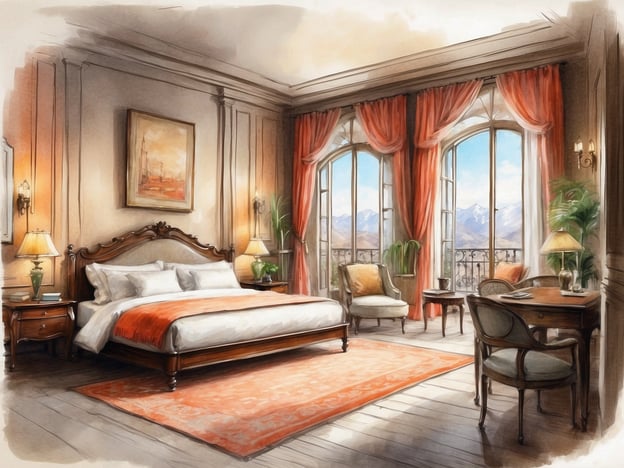 Auf dem Bild ist ein elegantes Schlafzimmer zu sehen. Die Ausstattung umfasst ein großes Bett mit einer geschmackvollen Bettwäsche in Weiß und einem orangenen Überwurf. Es gibt Nachttische mit Lampen auf beiden Seiten des Bettes. Die Wände sind mit Holzvertäfelungen versehen und die Fenstervorhänge sind in einem warmen Rotton gehalten.
Die Fenster bieten einen Blick auf eine bergige Landschaft und lassen viel Tageslicht herein. In der Ecke des Zimmers steht eine kleine Leseecke mit zwei Stühlen und einem Tisch. Zudem gibt es einen Schreibtisch mit einem Stuhl, der eine gemütliche Arbeitsatmosphäre schafft. Ein orientalischer Teppich liegt auf dem Boden und ergänzt die warme Farbgebung des Raumes. Pflanzen fügen einen zusätzlichen Hauch von Frische hinzu.
