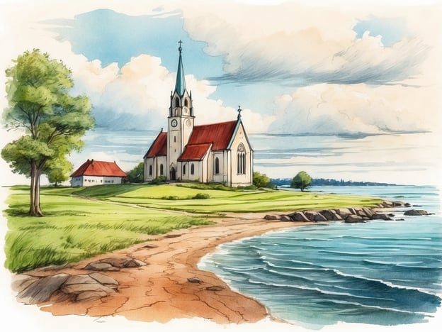 Auf dem Bild sieht man eine malerische Kirche, die von einer grünen Wiese umgeben ist und in der Nähe des Wassers steht. Dies könnte eine Szene auf der Insel Poel in Deutschland sein. Poel ist bekannt für seine schönen Strände, die ideal zum Baden und Sonnen sind, sowie für die Möglichkeit, Wassersportarten wie Segeln und Kitesurfen auszuüben.Die kleine Kirche könnte mit dem historischen Dorf Poel oder den umliegenden Küstenlandschaften verbunden sein, die oft von Radfahrern und Wanderern erkundet werden. Die örtliche Natur, einschließlich der Wiesen und Küstenlinien, bietet malerische Ausblicke und eignet sich hervorragend für entspannte Spaziergänge.