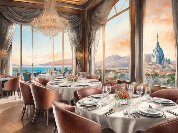 Auf dem Bild ist ein elegantes Restaurant zu sehen, das durch große Fenster einen beeindruckenden Ausblick bietet. Die Tische sind festlich gedeckt mit Geschirr und Glaswaren, was auf eine gehobene Gastronomie hindeutet.
Im Kontext der Gastronomie im NH Hotels Bariloche Edelweiss könnte dies ein Beispiel für das stilvolle Ambiente sein, das Gäste erwartet. Das Restaurant kombiniert kulinarische Exzellenz mit einem einzigartigen Blick auf die Natur und die umliegenden Berge, was ein unvergessliches Dining-Erlebnis schafft.