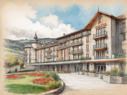Das Bild zeigt das NH Hotel in Ourense, Spanien, mit einer modernen Architektur, die sich harmonisch in die Landschaft einfügt. Im Vordergrund ist ein gepflegter Garten mit bunten Blumenbeeten und Rasenflächen zu sehen. Das Hotelgebäude ist mehrstöckig und verfügt über große Fenster mit Balkonen. Hinter dem Hotel erstreckt sich eine grüne Hügellandschaft unter einem blauen Himmel mit einigen Wolken. Der insgesamt einladende und stilvolle Eindruck des Hotels wird durch die umgebende Natur ergänzt.