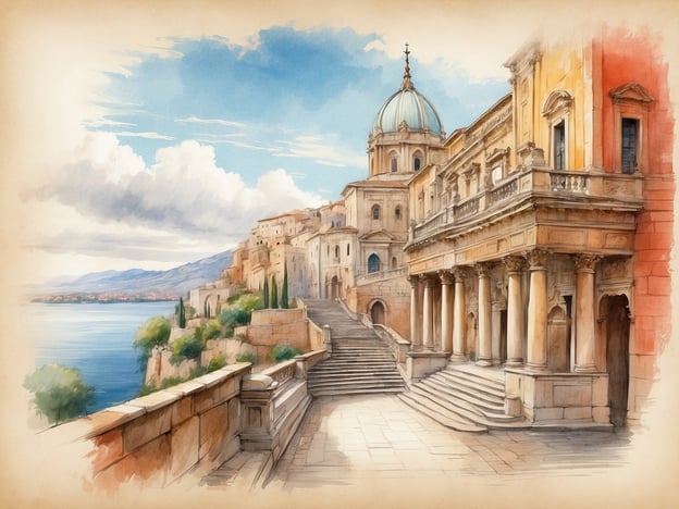 Das Bild zeigt eine malerische Aussicht auf eine architektonisch beeindruckende Küstenlandschaft mit historischen Gebäuden. Die Architektur ist geprägt von klassischen Säulen und einem markanten Kuppelbau, die auf eine Geschichte reicher Kultur und Kunst hinweisen.
Bergamo, eine Stadt in Norditalien, könnte der Inspiration für dieses Motiv gedient haben, da sie für ihre gut erhaltene Altstadt und ihre beeindruckende Architektur bekannt ist. Die Kombination aus Bergen, Wasser und historischen Gebäuden schafft eine idyllische Atmosphäre, die typisch für die Region ist.