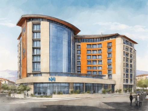 Das Bild zeigt das NH Hotels Oviedo Principado in Spanien. Es handelt sich um ein modernes, mehrstöckiges Gebäude mit einer markanten Fassade in hellen und orangefarbenen Tönen. Die Rundungen des Daches und die großen Fenster sorgen für ein leichtes und offenes Erscheinungsbild. Im Vordergrund sind einige Fußgänger auf dem Gehweg zu sehen, während sich auf der Straße Pflanzen und Bäume befinden. Der Himmel ist klar und sonnig, was dem Bild eine einladende Atmosphäre verleiht.