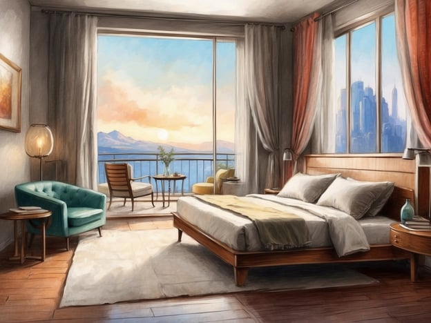 Auf dem Bild ist ein modernes Schlafzimmer zu sehen. Das Zimmer hat große Fenster, die einen Blick auf eine Stadt mit Wolkenkratzern und eine schöne Landschaft bieten.
Ausstattung und Einrichtung umfasst:
- Ein großes Bett mit mehreren Kissen und einer Decke.
- Ein eleganter Sessel in Grün sowie ein Holzstuhl auf dem Balkon.
- Ein kleiner Tisch neben dem Sessel, auf dem eine Lampe steht.
- Ein Teppich auf dem Boden, der dem Raum eine gemütliche Atmosphäre verleiht.
- Vorhänge, die sanft im Wind wehen und eine warme Farbpalette haben.
Insgesamt vermittelt der Raum eine einladende und entspannende Stimmung.