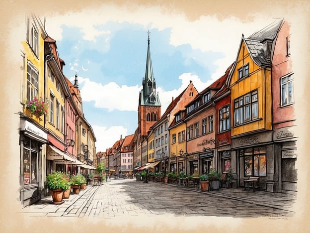 Auf dem Bild ist eine malerische Straße zu sehen, die von bunten Häusern gesäumt ist. In der Mitte ragt ein hoher Kirchturm empor, der an die historische Architektur Wismars erinnert. Wismar, eine Hansestadt an der Ostsee, hat eine reiche Geschichte, die bis ins 13. Jahrhundert zurückreicht. Die Stadt ist bekannt für ihre gut erhaltene Altstadt, die zum UNESCO-Weltkulturerbe gehört, und viele der abgebildeten Gebäude spiegeln den Hansestil wider.Die bunten Fassaden und die gemütliche Atmosphäre der Straße laden zum Bummeln ein und erinnern an die lebhafte Handelsgeschichte, die Wismar prägte. Die Blumen in den Töpfen und die einladenden Cafés zeigen, dass die Stadt auch heute ein beliebtes Ziel für Touristen und Einheimische ist, die die charmante Mischung aus Geschichte und lebendigem Stadtleben genießen möchten.