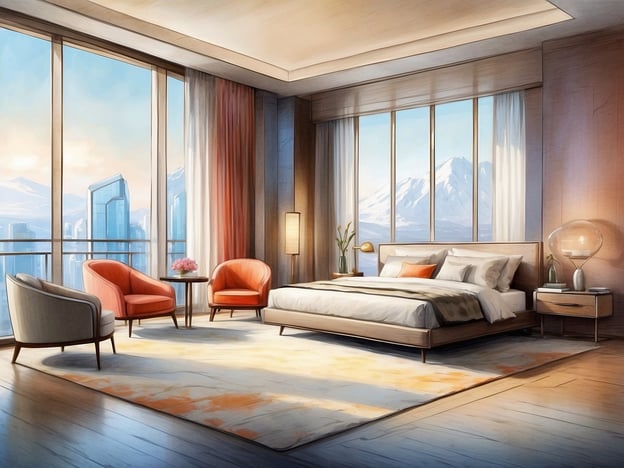 Auf dem Bild ist ein modernes Hotelzimmer zu sehen. Die Ausstattung umfasst ein großes, bequemes Bett mit eleganter Bettwäsche, eine stilvolle Nachttischlampe und einen Nachttisch.
Zusätzlich befinden sich im Raum zwei orangefarbene Sessel und ein kleiner Tisch, die eine gemütliche Sitzecke bilden. Am Fenster gibt es große Glasfronten, die viel Tageslicht einlassen und einen atemberaubenden Blick auf eine Berglandschaft bieten. Der Boden ist aus hellem Holz und es liegt ein großer, dekorativer Teppich im Raum. Insgesamt vermittelt der Raum eine elegante und einladende Atmosphäre.