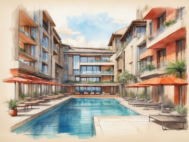 Auf dem Bild ist ein künstlerisches Konzept eines Hotels zu sehen, das einen Poolbereich mit Liegen und Sonnenschirmen darstellt. Der Fokus liegt auf den modernen Gebäuden, die um den Pool angeordnet sind, und einer einladenden Atmosphäre mit Pflanzen und natürlichem Licht.
Das NH Hotel am Kurfürstendamm in Berlin bietet eine zentrale Lage und eine elegante Umgebung. Es verfügt über komfortable Zimmer, ein Restaurant, Tagungsräume und weitere Annehmlichkeiten, die sowohl für Geschäftsreisende als auch für Touristen geeignet sind. Die Kombination aus modernem Design und zentrale Lage macht es zu einem beliebten Ziel für Besucher der Stadt.