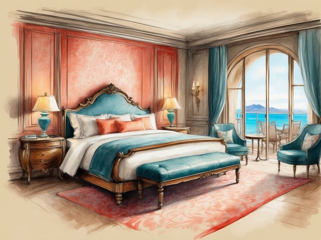 Auf dem Bild ist ein elegant eingerichtetes Zimmer zu sehen, das als Suite gestaltet ist. Der Raum verfügt über ein großes, stilvolles Bett mit einer blauen Kopflehne und farbigen Kissen. An den Wänden sind dekorative Elemente in sanften Farben zu erkennen. Neben dem Bett steht ein Nachttisch mit einer Lampe.
Vor dem Bett befindet sich eine gepolsterte Bank. Große Fenster bieten einen beeindruckenden Blick auf das Wasser, und auf dem Balkon stehen zwei Stühle sowie ein Tisch, was eine einladende Atmosphäre schafft. Der Teppich auf dem Boden und die dekorativen Vorhänge tragen zur luxuriösen Stimmung des Zimmers bei.