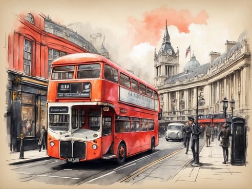 Ein klassischer roter Doppeldeckerbus fährt durch eine belebte Londoner Straße, umgeben von historischen Gebäuden und Geschäften. Auf der linken Seite ist ein elegantes Geschäft zu sehen, während auf der rechten Seite eine ältere Dame an einem Telefonhäuschen steht. In der Ferne sind Menschen und Fahrzeuge sichtbar, darunter ein älteres Auto und Fußgänger, die das Stadtbild abrunden. Der Himmel ist leicht bewölkt, was eine typische Londoner Atmosphäre vermittelt.