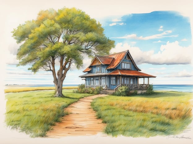 Auf dem Bild ist ein malerisches, nostalgisch anmutendes Haus zu sehen, umgeben von einer grünen Wiese und einem Baum. Das Bild erinnert an die Küstenlandschaft von Ahrenshoop, einem Ort an der Ostsee, der bekannt ist für seine malerischen Strände und die künstlerische Atmosphäre.Ahrenshoop hat eine reiche Geschichte, die eng mit der Malerei und der Künstlerkolonie des 19. Jahrhunderts verbunden ist. Künstler suchten dort nach Inspiration in der einzigartigen Natur und den sanften Landschaften. Das abgebildete Haus könnte so ein typisches Domizil der Künstler gewesen sein, in dem sie sich zurückzogen, um die Schönheit der Umgebung zu genießen und ihre Werke zu schaffen.Die ruhige Szenerie und das klare Licht spiegeln die besondere Atmosphäre wider, die Ahrenshoop auszeichnet und die noch heute Besucher und Künstler anzieht.