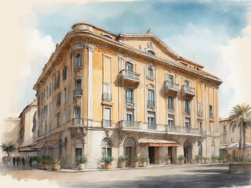 Das Bild zeigt die Fassade des NH Hotels in Palermo, Italien. Das Gebäude hat eine elegante, gelbe Außenfarbe mit zahlreichen Fenstern und Balkonen. Die Architektur ist klassisch mit dekorativen Elementen und einer wohlgepflegten Umgebung. Vor dem Hotel sind große Pflanzkübel mit grünen Pflanzen zu sehen. Auf der Straße sind Menschen zu erkennen, die vorbeigehen, was der Szene eine lebendige Atmosphäre verleiht. Der Himmel ist hellblau mit leichten Wolken, die dem Bild eine freundliche Stimmung verleihen.