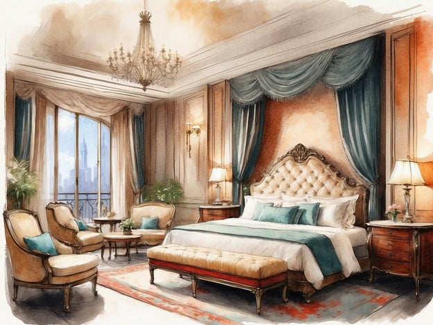 Auf dem Bild ist ein elegant eingerichtetes Schlafzimmer zu sehen, das mit luxuriösen Möbeln und dekorativen Elementen ausgestattet ist. Es gibt ein großes Bett mit eleganter Bettwäsche, einen stilvollen Kronleuchter und gemütliche Sessel, die eine einladende Atmosphäre schaffen. Die großen Fenster bieten einen Blick auf eine Stadtansicht, möglicherweise mit hohen Gebäuden im Hintergrund.
Im NH Hotel Bologna Villanova erwarten die Gäste moderne Annehmlichkeiten in einem komfortablen und stilvollen Ambiente. Die Zimmer sind geschmackvoll eingerichtet und bieten idealen Komfort für Geschäftsreisende und Urlauber. Das Hotel legt Wert auf einen exzellenten Service, ein reichhaltiges Frühstücksbuffet und eine günstige Lage, die die Erkundung der Stadt erleichtert.