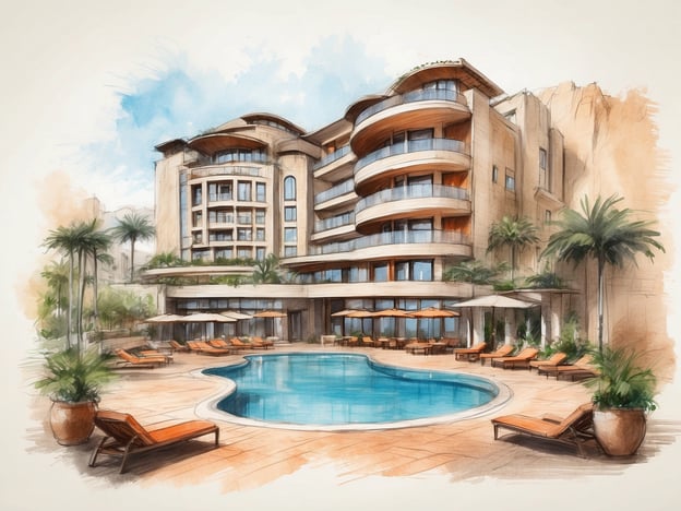 Auf dem Bild ist eine künstlerische Darstellung eines modernen Hotels mit einem Schwimmbad und Sonnenliegen zu sehen. Es vermittelt eine einladende und entspannende Atmosphäre durch die umgebenden Palmen und die elegante Architektur.NH Hotels ist eine internationale Hotelkette, die für ihre komfortablen Unterkünfte und professionellen Dienstleistungen bekannt ist. Sie bieten eine breite Palette an Annehmlichkeiten, darunter moderne Zimmer, Tagungsräume und verschiedene gastronomische Optionen, um den Bedürfnissen sowohl geschäftlicher als auch freizeitorientierter Gäste gerecht zu werden. Die Hotels befinden sich oft in zentralen Lagen und zeichnen sich durch ein ansprechendes Design aus, das sowohl Funktionalität als auch Stil vereint.