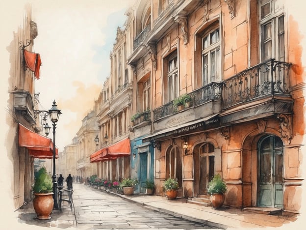 Auf dem Bild ist eine malerische Straße zu sehen, die von historischen Gebäuden gesäumt ist. Die Architektur wirkt elegant, mit geschwungenen Balkon-Geländern und großen Fenstern. Auf der Straße sind eine Reihe von Tischen und Stühlen sowie mehrere Blumentöpfe platziert. Rote Markisen spenden Schatten, und es scheinen einige Passanten unterwegs zu sein.Wenn man an Brügge denkt, könnte dies eine ähnliche Atmosphäre wie in der Nähe des NH Hotels in dieser Stadt widerspiegeln, wo charmante Gassen und historische Architektur typisch sind.