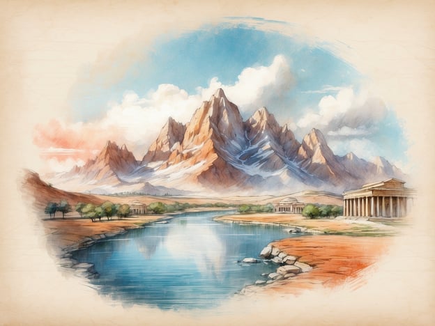 Auf dem Bild sind majestätische Berge zu sehen, die im Hintergrund dominieren. Diese Berge sind teils schneebedeckt und reichen hoch in den Himmel. In der Mitte des Bildes fließt ein ruhiger Fluss, der das Licht reflektiert und dem Szenario eine friedliche Atmosphäre verleiht.
Am Ufer des Flusses befinden sich einige Bäume, die ihm eine natürliche Umgebung verleihen. Auf der rechten Seite des Bildes stehen imposante antike Gebäude, die an klassische Architektur erinnern. Diese Gebäude sind von einer sandigen Landschaft umgeben, die dem gesamten Bild einen warmen, trockenen Charakter verleiht. Der Himmel ist hellblau mit einigen Wolken, die für eine harmonische Kulisse sorgen.