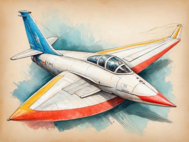 Auf dem Bild ist ein Flugzeug zu sehen, das eine futuristische und auffällige Gestaltung aufweist. Es hat eine breite, flugzeugtypische Form mit bunten Designs in Gelb, Rot und Blau. Der Hintergrund ist aquarellartig und vermittelt einen Eindruck von Luft oder Wasser.
Die Ausstattung des Bildes vermittelt den Eindruck von technischer Raffinesse und Innovation. Es zeigt eine Kombination aus eleganten Linien und auffälligen Farben, die dem Flugzeug ein modernes und ansprechendes Aussehen verleihen.