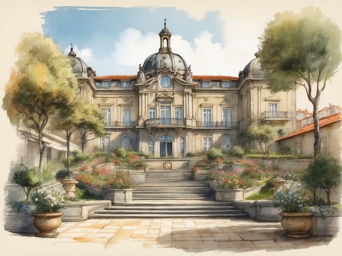 Das Bild zeigt eine elegante Fassade eines historischen Gebäudes mit einer schönen Architektur. Die Struktur ist mit großen Fenstern und einem gewölbten Dach gestaltet, das von Verzierungen geschmückt ist. Vor dem Gebäude erstreckt sich eine von Blumenbeeten und grünen Bäumen gesäumte Treppe, die zu einer Terrasse führt. Der Garten ist reich mit bunten Blumen bepflanzt, und der Himmel ist hellblau mit einigen Wolken. Diese Szenerie vermittelt ein Gefühl von Ruhe und Schönheit, ideal für das NH Hotels Porto Jardim in Portugal.
