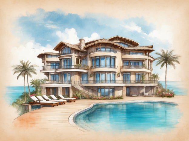Auf dem Bild ist eine große, luxuriöse Villa zu sehen, die direkt am Wasser liegt. Die Villa hat viele Fenster, die viel Tageslicht hereinlassen und einen schönen Blick auf das Meer bieten.
Es gibt einen Außenbereich mit mehreren Sonnenliegen, ideal zum Entspannen. Um die Villa herum befinden sich tropische Pflanzen und Palmen, die eine angenehme, tropische Atmosphäre schaffen. Ein Swimmingpool ist ebenfalls vorhanden, was zu einem luxuriösen Lebensstil beiträgt.
Die Räume könnten möglicherweise ein großzügiges Wohnzimmer, Schlafzimmer mit Meerblick sowie moderne Badezimmer umfassen. Die Außenbereiche bieten ideale Plätze für Outdoor-Aktivitäten oder Entspannung am Wasser.