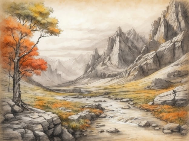 Auf dem Bild ist eine malerische Landschaft zu sehen. Im Vordergrund steht ein Baum mit leuchtend roten und orangefarbenen Blättern, der die herbstliche Atmosphäre betont. Der Boden ist felsig und von Gras durchzogen, was der Szenerie Textur verleiht.
In der Mitte des Bildes fließt ein kleiner Bach, der sanft über Steine plätschert. Die Ufer des Baches sind mit hohem Gras und einigen kleineren Pflanzen bedeckt. Im Hintergrund erheben sich majestätische Berge mit schroffen Felsen, die in verschiedenen Grau- und Beigetönen schattiert sind.
Die sanften Wolken am Himmel und die sanfte Farbpalette schaffen eine ruhige, entspannende Stimmung, die zur Erkundung dieser wunderschönen Umgebung einlädt.