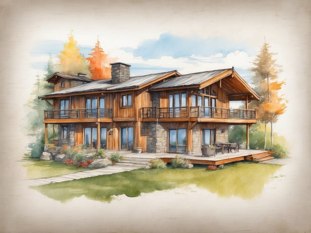 Auf dem Bild ist ein großes, modernes Holzhäuschen zu sehen, umgeben von einer malerischen Landschaft mit Bäumen in warmen Herbsttönen. Die Architektur kombiniert Holz und Stein, was für eine gemütliche und rustikale Atmosphäre sorgt.
Das Haus verfügt über großzügige Fenster, die viel Licht hereinlassen, und erhebt sich über eine Terrasse, auf der man die Natur genießen kann. Es könnte mehrere Zimmeroptionen bieten, darunter Wohnräume und Schlafzimmer mit herrlichem Blick ins Grüne.
Der Komfort scheint hoch zu sein, wahrscheinlich mit einem offenen Wohnbereich, einer modernen Küche und möglicherweise einem Kamin, der an kühleren Abenden für Wärme sorgt. Die Außenbereiche bieten Platz zum Entspannen und Schlemmen, was ideal für Familien oder Gruppen von Freunden wäre.