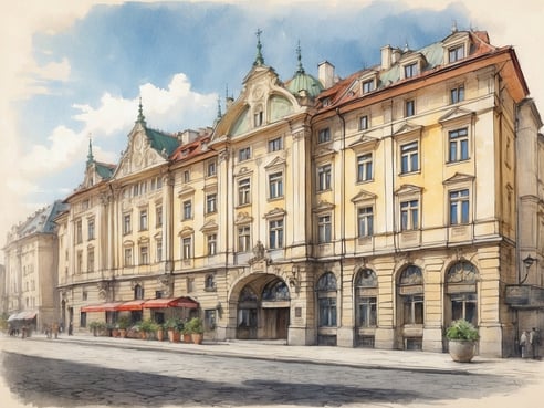 Das Bild zeigt das NH Hotels Prague City in der Tschechischen Republik. Die Architektur des Gebäudes ist elegant mit einer Fassade in einem hellen Gelbton und schönen historischen Details. Vor dem Hotel befinden sich einige große Pflanzkübel mit Pflanzen, sowie Tische und Stühle im Freien, die durch rot-weiße Markisen geschützt sind. Der Himmel ist teilweise bewölkt und es gibt eine lebhafte Straßenatmosphäre mit passierenden Personen. Die Dachelemente des Gebäudes sind mit grünen Schindeln gedeckt, was das Gesamtbild charmant abrundet.