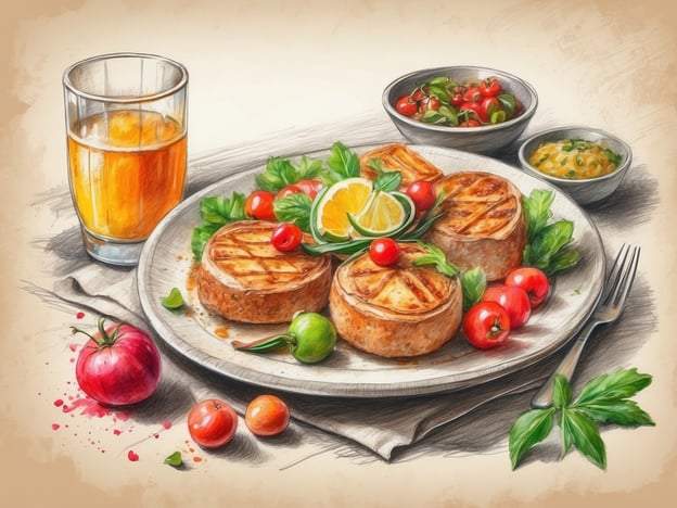 Auf dem Bild sind köstliche kulinarische Genüsse zu sehen. Im Vordergrund liegt ein Teller mit gegrillten Fleischscheiben, die sorgfältig angerichtet sind. Um das Fleisch herum sind frische Cherry-Tomaten, grüne Paprika und ein paar Blätter frischer Petersilie dekorativ platziert. Zusätzlich gibt es eine Scheibe Limette, die das Gericht fruchtig ergänzt.
Neben dem Teller steht ein Glas mit einem erfrischenden Getränk, wahrscheinlich ein fruchtiger Saft oder ein leichter Cocktail. Im Hintergrund sind zwei kleine Schalen zu sehen: eine mit einem bunten Salat aus Tomaten und Kräutern und die andere mit einer cremigen Sauce oder Beilage. Diese Zusammenstellung verspricht ein ansprechendes und geschmackvolles Essen!