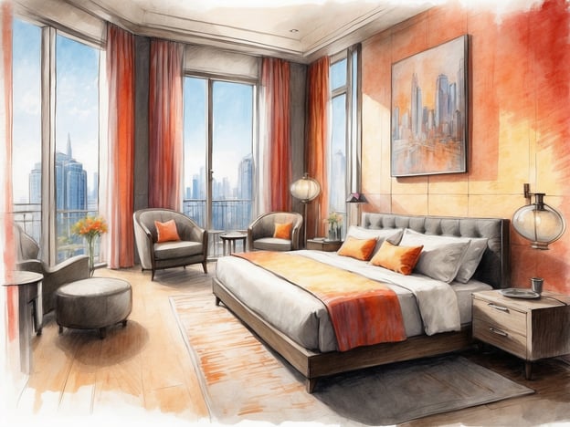 Auf dem Bild ist ein modernes Hotelzimmer mit großen Fenstern und einer Aussicht auf die Stadt zu sehen. Es gibt ein großes Bett mit dekorativen Kissen in Orange- und Grautönen, sowie gemütliche Sitzgelegenheiten, darunter zwei Sessel und ein Hocker. Die Wände sind in warmen Farben gehalten, und das Zimmer wirkt hell und einladend.
Im NH Hotels Budapest City könnten vergleichbare Zimmeroptionen wie folgende angeboten werden:
1. **Standardzimmer**: Komfortables Zimmer mit praktischen Annehmlichkeiten und Blick auf die Stadt.
2. **Superior-Zimmer**: Geräumiger mit hochwertiger Ausstattung und zusätzlichen Annehmlichkeiten.
3. **Familienzimmer**: Ideal für Reisen mit Kindern, bietet mehr Platz und eine flexible Einrichtung.
Diese Optionen bieten verschiedene Annehmlichkeiten, um den unterschiedlichen Bedürfnissen der Gäste gerecht zu werden.