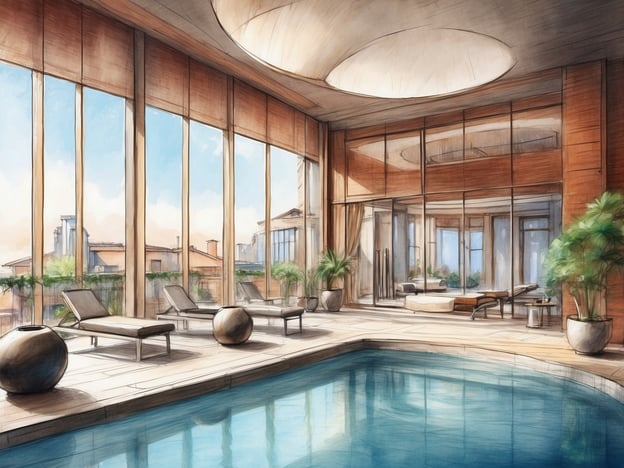 Auf dem Bild ist ein heller, einladender Wellnessbereich mit einem Pool zu sehen. Die großen Fenster sorgen für viel Tageslicht und bieten einen Blick auf die Umgebung. Die Liegen und einige Pflanzen schaffen eine entspannende Atmosphäre.
Im NH Hotels Budapest City können Gäste ähnliche Freizeit- und Wellnessangebote erwarten. Dazu gehören beispielsweise ein entspannender Wellnessbereich mit einem Pool, Sauna und Massageanwendungen, die ideal sind, um nach einem ereignisreichen Tag zu relaxen. Zudem gibt es Möglichkeiten für Sport und Fitness, die das Wohlbefinden der Gäste fördern.