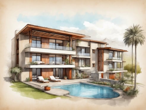 Das Bild zeigt ein modernes, mehrstöckiges Gebäude mit einem ansprechenden Design, umgeben von üppiger Vegetation. Im Vordergrund befindet sich ein Swimmingpool, neben dem Liegen zum Entspannen bereitstehen. Die Fassade des Gebäudes kombiniert helle und dunkle Materialien, während große Fenster für viel Licht sorgen. Palmenelemente und gepflegte Grünflächen verleihen der Umgebung ein tropisches Flair. Dieses Gebäude könnte im NH Hotels Puebla Finsa in Mexiko stehen und suggeriert eine entspannte Atmosphäre für Gäste.