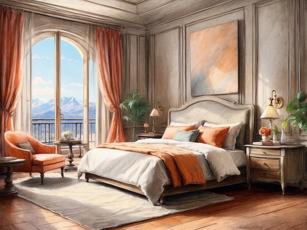 Auf dem Bild ist ein wunderbar eingerichtetes Schlafzimmer zu sehen. Das Zimmer hat große Fenster, die einen fantastischen Blick auf die Berge bieten. Die Wände sind elegant gestaltet, mit einem großen Gemälde über dem Bett.
Die Ausstattung umfasst ein großes Bett mit gemusterten Kissen und einer Decke, die in warmen Orangetönen gehalten ist. Neben dem Bett stehen Nachttische mit Lampen. Es gibt einen gemütlichen Sessel in einem kräftigen Orange und einen kleinen Tisch. Ein Teppich sorgt für zusätzlichen Komfort, und grüne Pflanzen bringen Frische in den Raum. Die Atmosphäre wirkt einladend und harmonisch.