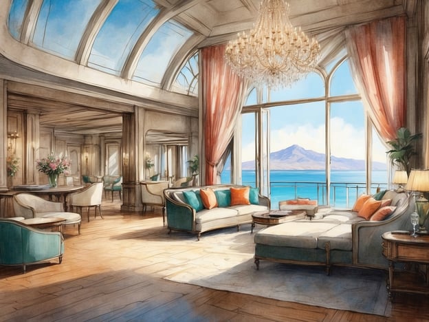 Auf dem Bild ist ein elegantes Wohnzimmer in einem luxuriösen Hotel oder einer Residenz zu sehen. Es zeichnet sich durch große Fenster aus, die einen atemberaubenden Blick auf das Wasser und die Berge bieten. Der Raum ist mit stilvollen, komfortablen Möbeln ausgestattet, darunter ein großes Sofa und mehrere Sitzgelegenheiten.
**Service und Annehmlichkeiten:**
- **Atemberaubende Ausblicke:** Die großen Fenster ermöglichen einen hervorragenden Blick auf die Umgebung.
- **Elegantes Design:** Die Einrichtung ist geschmackvoll und luxuriös, ideal für entspannende Stunden.
- **Bequeme Sitzgelegenheiten:** Die Möbel sind so gestaltet, dass sie Komfort und Stil bieten.
- **Lichtdurchflutet:** Der Raum hat eine helle und einladende Atmosphäre, unterstützt durch Tageslicht.
- **Dekorative Elemente:** Blumenvasen und kühlende Farbtöne schaffen eine angenehme und entspannende Umgebung.
Insgesamt vermittelt der Raum ein Gefühl von Exklusivität und Komfort, ideal für Gäste, die Erholung und erstklassigen Service suchen.