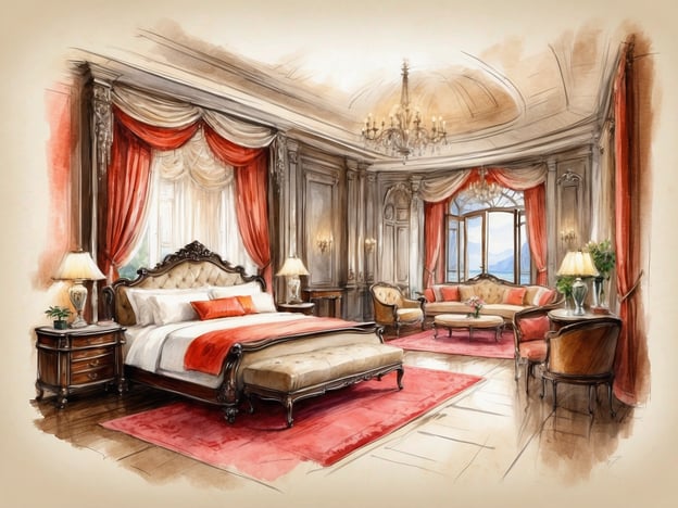 Auf dem Bild ist ein elegantes Schlafzimmer zu sehen, das mit luxuriösen Annehmlichkeiten ausgestattet ist. Die Ausstattung umfasst ein großes, bequemes Bett mit hochwertigen Kissen und einer hübschen Tagesdecke. Die Fenster sind mit opulenten Vorhängen dekoriert, die viel Licht hereinlassen.
Zusätzlich gibt es bequeme Sitzgelegenheiten wie Sessel und eine Couch, die zum Entspannen einladen. Eine stilvolle Beleuchtung wird durch Tischlampen und einen Kronleuchter bereitgestellt, was eine gemütliche Atmosphäre schafft. Der Raum zeigt auch eine schöne Aussicht auf die Landschaft, was den Aufenthalt für Gäste besonders angenehm macht.
Die Verwendung warmer Farben und edler Materialien verstärkt den Eindruck von Komfort und Klasse, was ein ideales Ambiente für einen erholsamen Aufenthalt bietet.