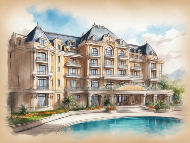 Das Bild zeigt eine künstlerische Darstellung eines repräsentativen Gebäudes, das wie ein Hotel aussieht. Es hat eine elegante Architektur mit balustradengeschmückten Balkonen, einem zentralen Eingang und einem Pool im Vordergrund, umgeben von Pflanzen und Blumen.
Der NH Hotel Buenos Aires Florida ist ein modernes Hotel in Buenos Aires, bekannt für seine zentrale Lage und komfortablen Annehmlichkeiten. Es bietet eine Mischung aus stilvollem Design und praktischem Service, ideal für Geschäftsreisende und Touristen. Gäste können in gemütlichen Zimmern übernachten und die Nähe zu verschiedenen Sehenswürdigkeiten der Stadt genießen.