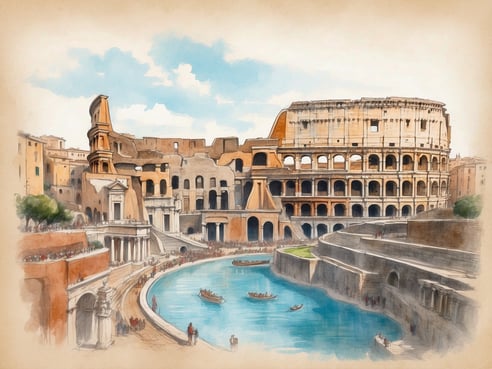 Das Bild zeigt eine künstlerische Darstellung des Kolosseums in Rom, umgeben von historischen Gebäuden und einer Wasserfläche. Im Vordergrund sind Menschen zu sehen, die am Ufer einer geschwungenen, blauen Wasserfläche stehen. Einige Boote fahren auf dem Wasser. Der Himmel ist klar mit einigen Wolken und vermittelt eine angenehme Atmosphäre. Diese Szene spiegelt die Schönheit und die historische Bedeutung Roms wider und ist eine einladende Darstellung für Besucher der Stadt.