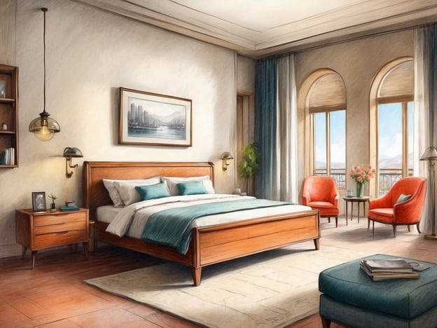 Auf dem Bild ist ein elegantes Hotelzimmer zu sehen, das Anklänge an die Unterkünfte der NH Hotels vermittelt. Das Zimmer ist hell und freundlich, mit großen Fenstern, die viel Tageslicht hereinlassen. Die Ausstattung umfasst ein bequemes Doppelbett mit einer stilvollen Bettwäsche in sanften Farben.
Zusätzlich sind zwei bequeme Sessel in leuchtendem Orange vorhanden, die dem Raum einen modernen Touch verleihen. Ein Nachttisch mit einer Lampe und einem kleinen Dekorationsobjekt sowie ein gemütlicher Hocker mit einem Buchstapel ergänzen die Einrichtung. Das Gesamtbild strahlt eine angenehme, einladende Atmosphäre aus, die typisch für die komfortablen und stilvollen Zimmer der NH Hotels ist.