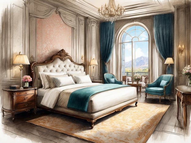 Auf dem Bild ist ein elegantes Schlafzimmer zu sehen, das eine luxuriöse Atmosphäre ausstrahlt. Es sind ein großes Bett mit einer gepolsterten Kopfstütze, weiche Kissen und eine ansprechende Bettdecke in sanften Farben angeordnet. Neben dem Bett steht ein dekorativer Nachttisch mit einer Lampe und frischen Blumen.
Im Raum befinden sich zudem zwei stilvolle Sessel und ein kleiner Tisch, die zum Entspannen einladen. Große Fenster lassen viel Licht herein und bieten einen herrlichen Ausblick auf eine landschaftliche Umgebung mit Bergen. Die Wände sind geschmackvoll mit tapetenartigen Details und Zierleisten gestaltet, was dem Raum einen klassisch eleganten Touch verleiht.
Zusätzliche Annehmlichkeiten wie die warmen Lichter und die geschmackvolle Dekoration sorgen für eine einladende und komfortable Atmosphäre, ideal für einen erholsamen Aufenthalt.