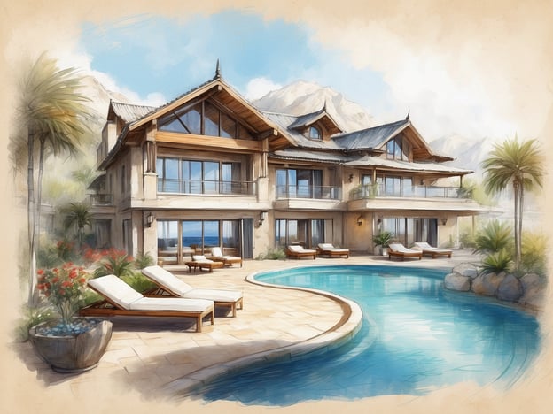 Auf dem Bild ist eine wunderschöne Villa mit einem Pool und Liegen zu sehen, umgeben von Palmen und blühenden Pflanzen. Die Architektur ist ansprechend und modern, mit großen Fenstern, die einen herrlichen Ausblick ermöglichen. Dieses Bild vermittelt ein Gefühl von Luxus und Entspannung.
Ein einzigartiges Erlebnis bei NH Hotels könnte sein, in einem ähnlichen Ambiente zu verweilen, wo Komfort und stilvolles Design aufeinander treffen. Genießen Sie erstklassigen Service und die Möglichkeit, in ruhiger, schöner Umgebung zu entspannen.
