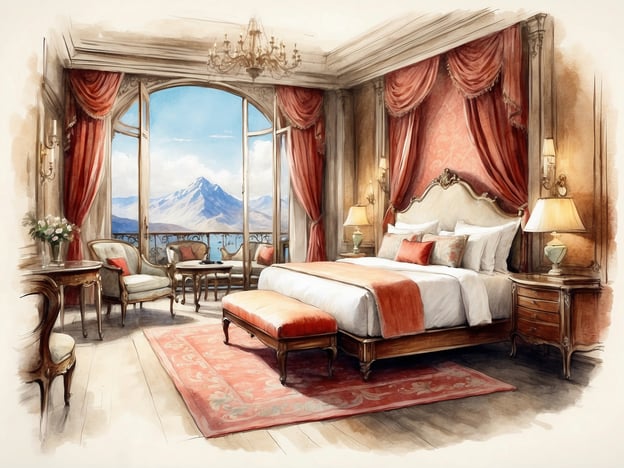 Auf dem Bild ist ein elegantes Hotelzimmer zu sehen, das in einem klassischen Stil eingerichtet ist. Der Raum ist lichtdurchflutet und bietet eine beeindruckende Aussicht auf die Berge und das Wasser durch große Fenster.
Zu den Annehmlichkeiten und Services des Hotels könnten folgende Punkte zählen:
- **Luxuriöses Mobiliar:** Das Zimmer verfügt über ein großes, bequemes Bett und stilvolle Möbel, die für einen höchsten Komfort sorgen.
- **Aussicht:** Die riesigen Fenster ermöglichen einen atemberaubenden Blick auf die umliegende Landschaft, ideal für entspannende Momente.
- **Klimatisierung:** Für eine angenehme Raumtemperatur ist das Zimmer wahrscheinlich klimatisiert.
- **Zimmerservice:** Rund-um-die-Uhr Zimmerservice sorgt dafür, dass Gäste jederzeit kulinarische Wünsche erfüllt bekommen.
- **Elegante Badezimmer:** In einem solchen Hotelzimmer wäre ein hochwertiges Badezimmer mit edlen Accessoires und Möglichkeiten zur Entspannung zu erwarten.
- **WLAN:** Kostenloses WLAN würde den Gästen die Verbindung zur Außenwelt erleichtern.
Insgesamt vermittelt der Raum ein Gefühl von Luxus und Gastfreundschaft, perfekt für einen erholsamen Aufenthalt.