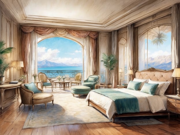 Auf dem Bild ist ein luxuriöses Schlafzimmer mit einer beeindruckenden Aussicht zu sehen. Die Ausstattung umfasst ein bequemes, großes Bett mit eleganter Bettwäsche in sanften Farben. Neben dem Bett steht ein stilvoller Nachttisch.
In der Ecke des Raumes befinden sich bequeme Sitzmöbel, einschließlich eines Sessel und eines Hockers, die mit weichen Kissen dekoriert sind. Ein großzügiger Teppich liegt auf dem Holzboden und verleiht dem Raum eine warme Atmosphäre. Die großen Fenster ermöglichen einen atemberaubenden Blick auf die Landschaft mit Bergen und Wasser, und sie sind mit eleganten Vorhängen ausgestattet.
Zusätzlich gibt es eine kleine Sitzecke mit einem Tisch und Stühlen, ideal für Entspannung oder kleine Mahlzeiten. Die Raumbeleuchtung wird durch anmutige Lampen ergänzt, die für eine einladende Stimmung sorgen. Gesamt vermittelt der Raum ein Gefühl von Luxus und Komfort.