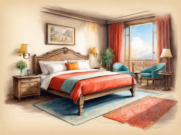 Auf dem Bild ist ein gemütliches Schlafzimmer zu sehen, das einladend und geschmackvoll eingerichtet ist. Es verfügt über ein großes Bett mit bunten Bettwaren und einem Holzrahmen, das für eine entspannte Atmosphäre sorgt. Neben dem Bett steht ein Nachttisch mit einer kleinen Lampe und einer Vase mit frischen Blumen, die dem Raum eine angenehme Note verleihen.
Der Raum ist mit zwei bequemen Stühlen und einem kleinen Tisch ausgestattet, ideal zum Entspannen oder für einen kleinen Snack. Große Fenster ermöglichen einen herrlichen Blick auf die Landschaft und sorgen für viel Tageslicht. Die warmen Farben und die stilvolle Dekoration schaffen ein Gefühl von Komfort und Gemütlichkeit, perfekt für einen erholsamen Aufenthalt.
Zusätzliche Annehmlichkeiten könnten beispielsweise Zimmerservice, tägliche Zimmerreinigung und kostenlose Pflegeprodukte sein, die den Aufenthalt noch angenehmer gestalten.