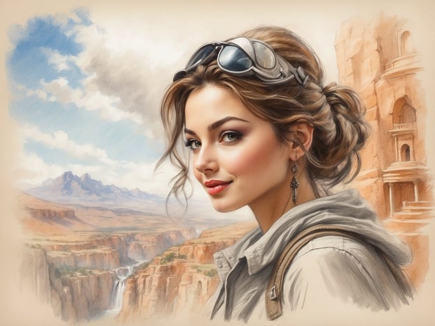 Auf dem Bild ist eine junge Frau zu sehen, die in einer beeindruckenden Landschaft steht. Im Hintergrund sind majestätische Berge und eine beeindruckende Klamm oder Schlucht mit einem Wasserfall zu erkennen. Sie trägt eine Jacke und hat eine modische Sonnenbrille auf dem Kopf, was einen abenteuerlichen Eindruck vermittelt.
Die Atmosphäre des Bildes könnte viele positive Bewertungen bei Gästen hervorrufen. Viele würden wahrscheinlich die Schönheit der Natur hervorheben und die Abenteuerlust der dargestellten Person ansprechen. Kommentatoren könnten die harmonische Verbindung zwischen Mensch und Natur loben und anmerken, wie inspirierend die Szenerie ist, um neue Abenteuer zu erleben oder Reiseerinnerungen zu wecken. Gäste könnten auch die künstlerische Darstellung der Frau und die lebendigen Farben als ansprechend empfinden.