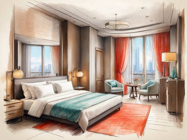 Auf dem Bild ist ein stilvolles Hotelzimmer zu sehen, das typisch für die Unterkünfte im NH Hotel sein könnte. Es gibt ein bequemes Bett mit weißen Kopfkissen und einer teal-farbenen Tagesdecke. Neben dem Bett stehen zwei Nachttische mit modernen Lampen. Die großen Fenster bieten viel Tageslicht und einen Blick auf die Stadt.
Im Raum befinden sich auch zwei gemütliche Sessel und ein kleiner Couchtisch, die zum Entspannen einladen. Die roten Vorhänge verleihen dem Zimmer eine warme Atmosphäre, während der braune Boden und die eleganten Möbel eine moderne Note haben. Insgesamt wirkt das Zimmer sehr einladend und komfortabel, ideal für Geschäftsreisende oder Urlauber.