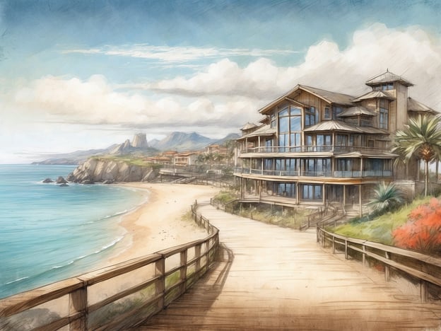Auf dem Bild ist eine malerische Küstenlandschaft zu sehen. Im Vordergrund verläuft ein Holzsteg entlang des Strandes, der zur Küste führt. Rechts befindet sich ein modernes, mehrstöckiges Gebäude mit großen Fenstern, das anscheinend als Wohn- oder Ferienhaus genutzt wird. Um das Gebäude herum wachsen einige Palmen und bunte Pflanzen.
Im Hintergrund erstreckt sich ein ruhiges Meer, das sanft an den Strand schwappt, und die zum Teil bewaldeten, hügeligen Berge zeichnen eine beeindruckende Kulisse. Der Himmel ist blau mit einigen Wolken, was zur entspannten Urlaubsatmosphäre beiträgt. Die gesamte Szene strahlt Ruhe und Erholung aus.